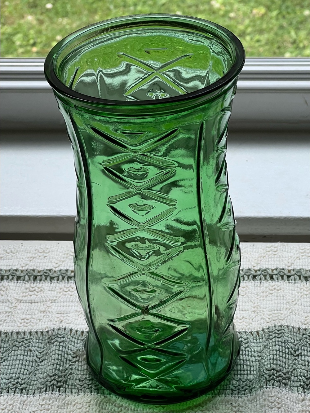 Green Decorative Diamond Cut Pressed Glass Vase